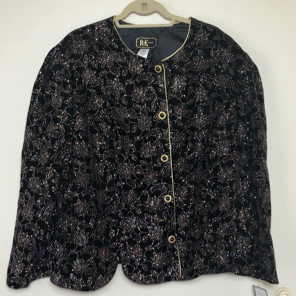R & K Evening Black Velour Jacket with Multi Color Glitter Flowers. Size 4X NWT